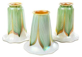 Ten Quezal Green Pulled Feather Art Glass Shades