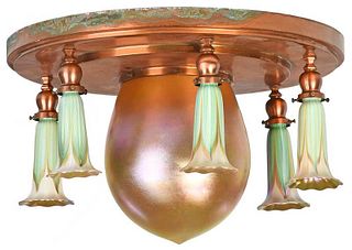 Light Fixture with Seven Quezal Art Glass Shades