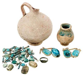 Egyptian Faience Glazed Scarab Beads, Two Pots