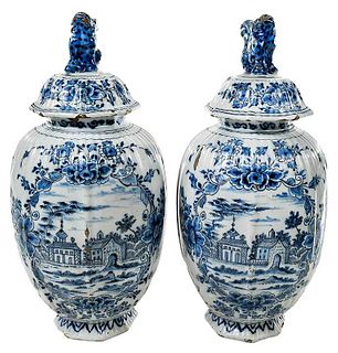 Pair Delft Chinoiserie Decorated Covered Jars