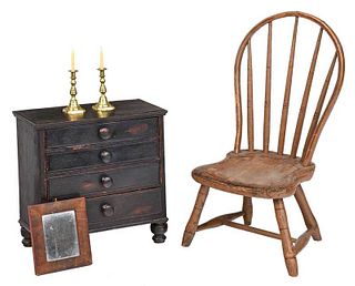 Miniature Bureau and Chair, Mirror, Pair Tapers