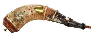 19th Century Scrimshawed and Inlaid Powder Horn