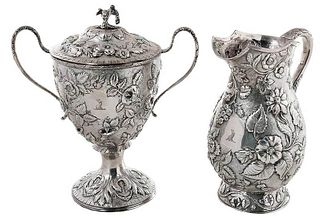 Sterling Pitcher and Two Handled Lidded Cup