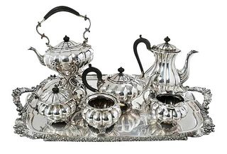 Six English Silver Tea Service, Silver Plate Tray