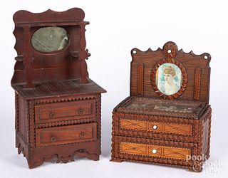 Two tramp art miniature dressers, ca. 1900