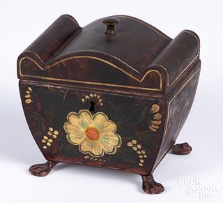 Painted toleware tea caddy, 19th c.