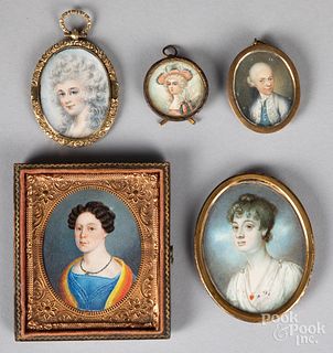 Five miniature watercolor portraits, 19th c.