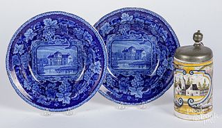 Pair of blue Staffordshire Holme shallow bowls.