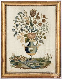 Silk on silk embroidery of potted flowers, 19th c