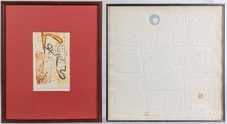 Nine Japanese modernist prints and a scroll.