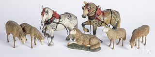 Pair of carved and painted horses, etc.