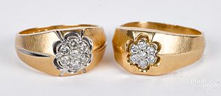 Two 14K gold diamond cluster rings, 9.3 dwt.