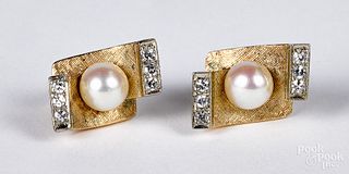 Pair of 14K gold diamond and pearl earrings, 5 dw
