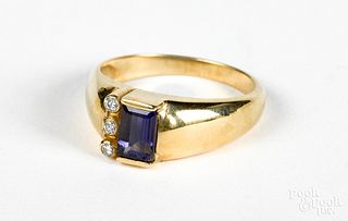 14K gold diamond and iolite ring