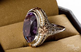 14K two tone gold, seed pearl and amethyst ring