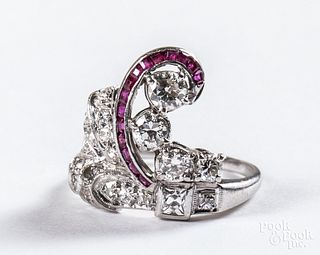 14k white gold Retro style diamond and ruby ring