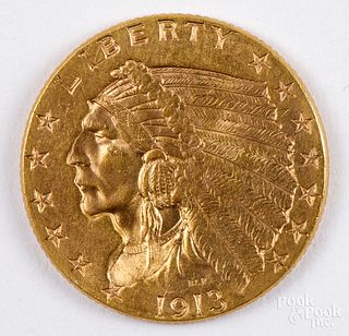 1913 Indian Head two and a half dollar gold coin.
