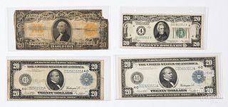 Two US 1914 twenty dollar notes, etc.