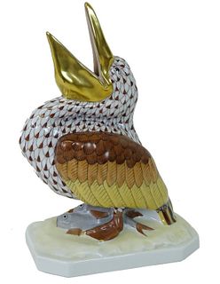 Herend Porcelain Brown Fishnet Pelican Figurine