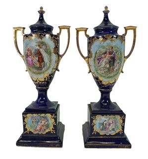 Pair of Royal Vienna Style Cobalt Blue Lidded Urns