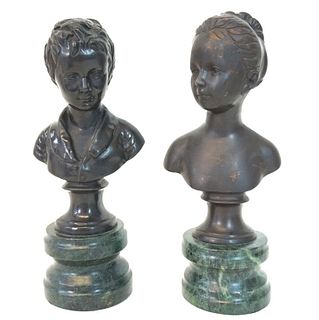 Pair of Contemporary Bronze Busts on Marble Base