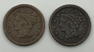 Lot of Two Large Cents 1847 and 1848 Coins