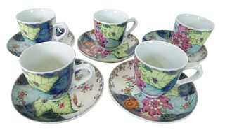 Five (5) Mottahedeh Tobacco Leaf Cups and Saucers