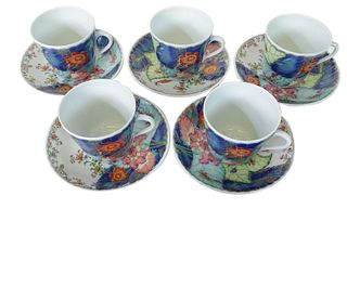 Six (6) Mottahedeh Tobacco Leaf Cups and Saucers