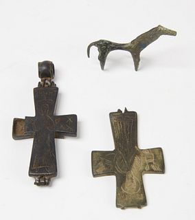 2 Ancient Cross Pendants with a small Bronze Horse