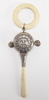 Antique Sterling Baby Rattle with Sun Face
