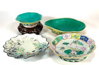Four Asian Porcelain Footed Dishes and Teak Stand