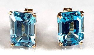 Pair of Blue Topaz Emerald Cut Earrings
