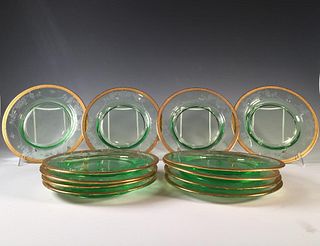 12 Engraved Green Glass Salad Plates