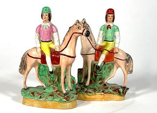 Pair of Staffordshire Jockeys on Horses
