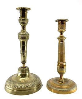 Two Antique French Brass Candlesticks, 19thc,
