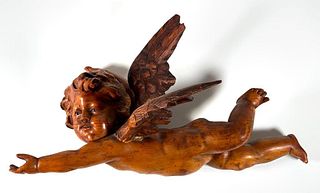 Italian Carved Wood Figure of a Winged Putto, 19thc.