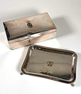 English Sterling Silver Cigarette Box and Plated Card