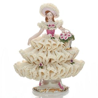 DRESDEN LACE FIGURINE, LADY WITH BASKET OF FLOWERS