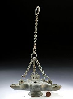 Roman Bronze Three-Nozzle Oil Lamp w/ Chain