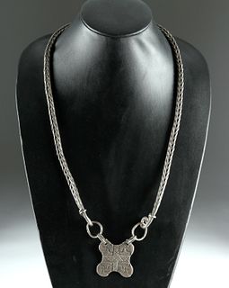 10th C. Viking Knitted Silver Necklace, Abstact Pendant