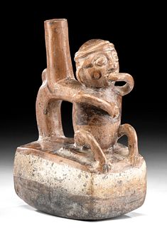 Inca Polychrome Seated Figural Stirrup Vessel