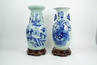 A Near Pair of Celadon Blue & White Vases.