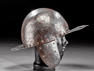 Early 17th C. German Iron Sapper Helmet w/ Ear Flaps
