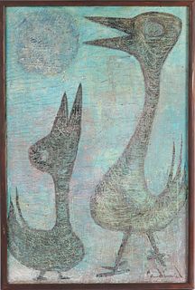 Illegibly Signed "Moonstruck Birds" Oil on Canvas