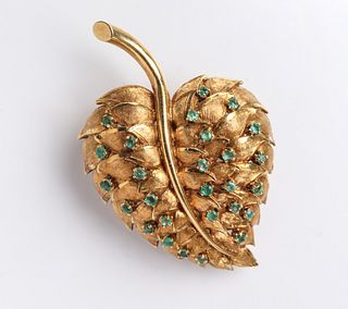 Vintage 18K Yellow Gold & Emerald Leaf Brooch