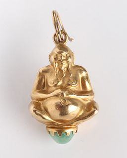 18K Yellow Gold & Green Stone Buddhist Deity Charm
