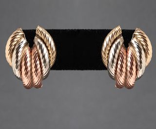 14K Tri-Gold Hollow Textured Shrimp Earrings