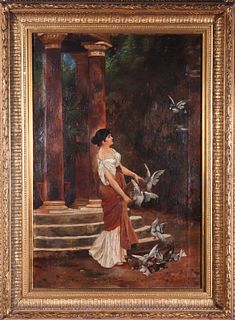 Signed "Woman Feeding Birds" Oil on Canvas, 19th C