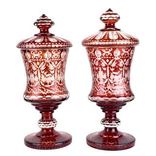 Pair of Antique Bohemian Vases w/ Cover