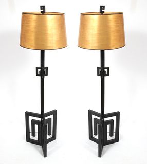 Modernist Asian Style Ebonized Floor Lamps, Pair